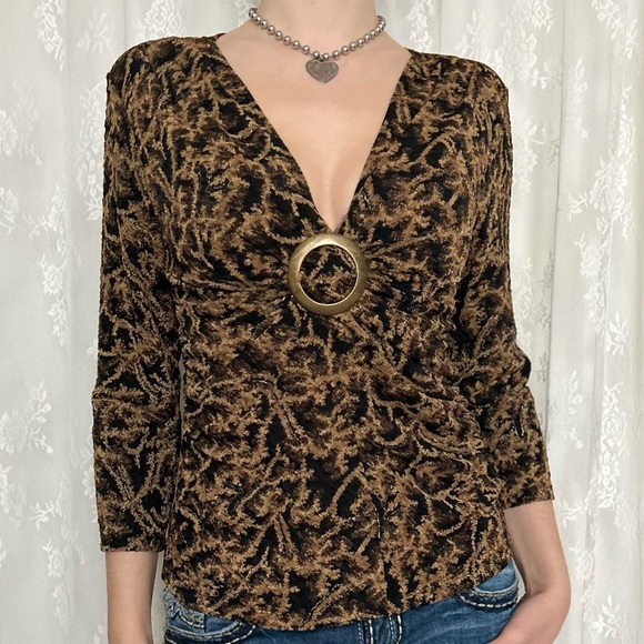 Y2K Leopard Print Brown B-Neck Blouse - Picture 2 of 6